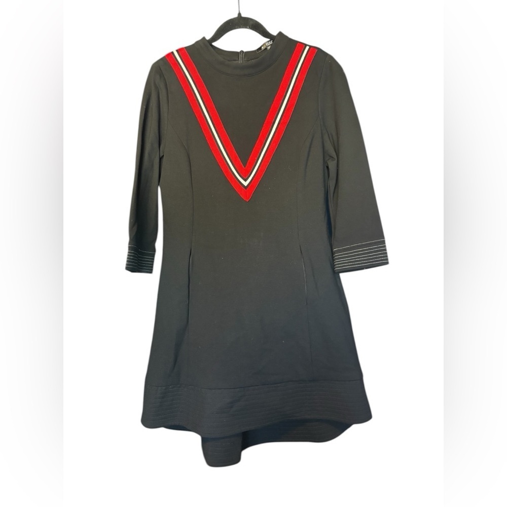 Women's Black Long Sleeve Mini Dress Red V Neck Detail Size XL but runs small